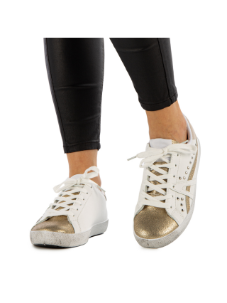 Дамски спортни обувки, Дамски спортни обувки  Seran бели  със златисто - Kalapod.bg